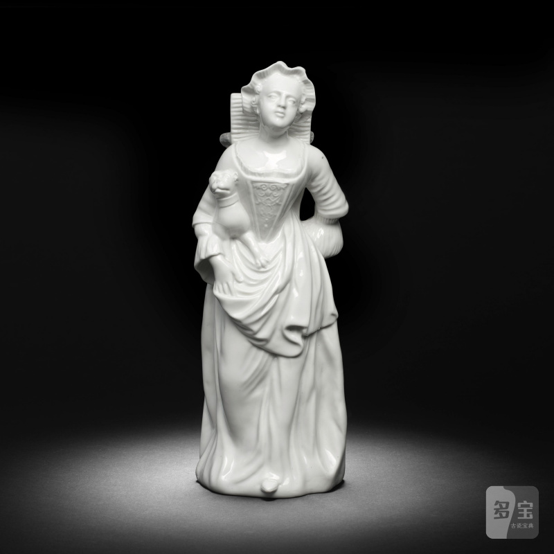 A Chantilly white figure of a lady with a basket and pug (Hotteuse), mid 18th century